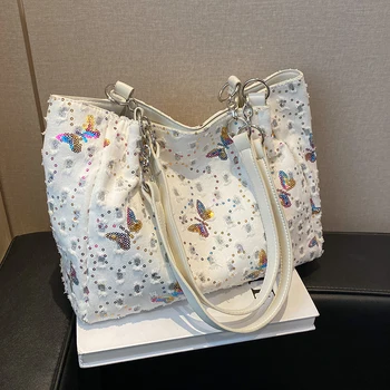 Tote Bags for Women 2023 Spring Summer Commuter Large Capacity Shoulder Bag Chic Sequin Butterfly Denim Cloth Handbags
