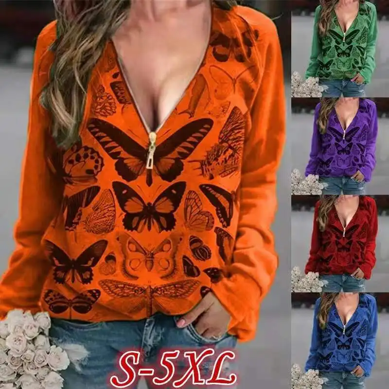 Women's 2022 Autumn New T-Shirt V-Neck Zipper Butterfly Printing Long-Sleeved T-Shirt Casual Pullover Ladies Tops
Women's 2022 Autumn New T-Shirt V-Neck Zipper Butterfly Printing Long-Sleeved T-Shirt Casual Pullover Ladies Tops