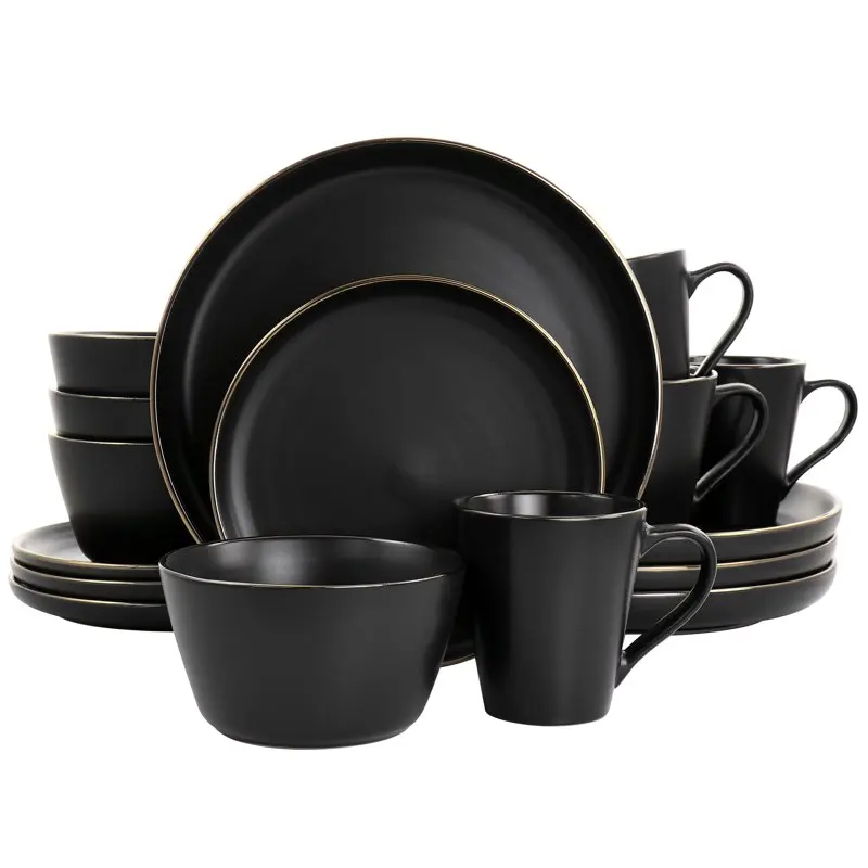 

Роскошный набор посуды Paul из 16 предметов из матовой черной глины с золотым ободком, идеальная посуда для ресторана, банкета