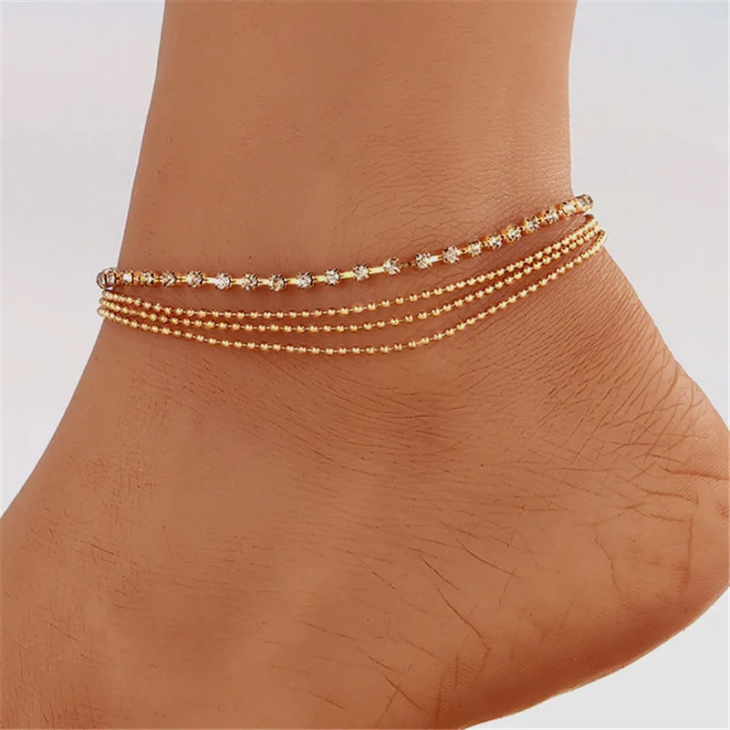 

WUKALO Bohemian Gold Color Beads Anklets For Women Fashion Cubic Zirconia Anklet Summer Beach Ankle Bracelet Foot Chain Jewelry