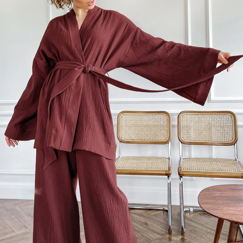 Autumn Casual Long Sleeve Solid Homewear Suit Fashion V-neck Tie Up Top&Long Pant Outfits Spring Women Elegant Loose Pajamas Set
Autumn Casual Long Sleeve Solid Homewear Suit Fashion V-neck Tie Up Top&Long Pant Outfits Spring Women Elegant Loose Pajamas Set