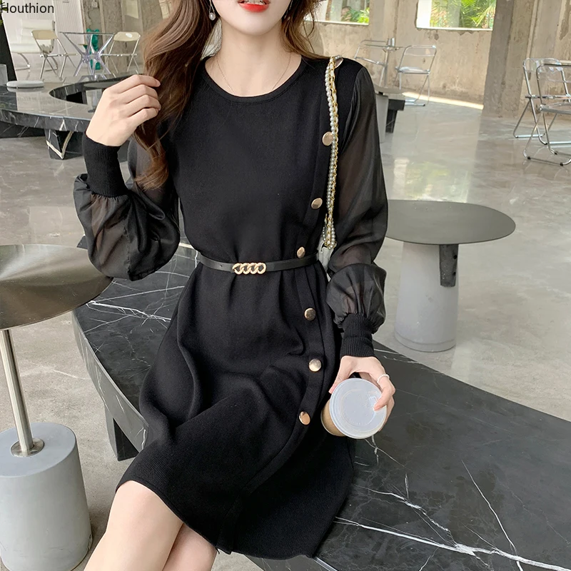 Autumn New Women's Dress O Collar Long Sleeve Pure Color Stitching Belt Buttons Knitting Fashion
Autumn New Women's Dress O Collar Long Sleeve Pure Color Stitching Belt Buttons Knitting Fashion