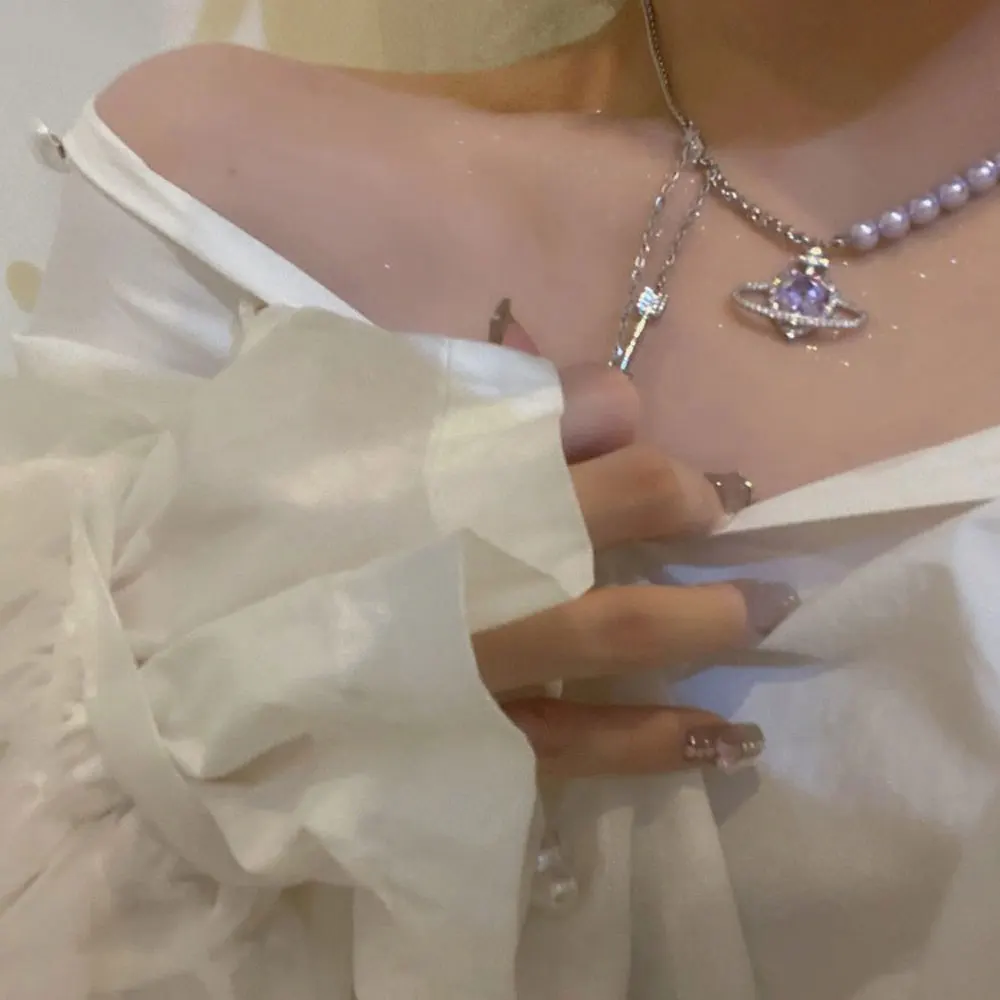 

Корейская Мода серебряная цепочка женская фиолетовая жемчужина кристалл Элегантное ожерелье с подвеской планеты Стразы для женщин 2022 Ювел...