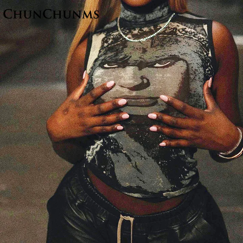 2022 Street High Collar Face Printing Sleeveless Mesh Vest T-shirt For Women Summer Gothic Punk Rave Tee Top Y2k Sexy Clothing
2022 Street High Collar Face Printing Sleeveless Mesh Vest T-shirt For Women Summer Gothic Punk Rave Tee Top Y2k Sexy Clothing