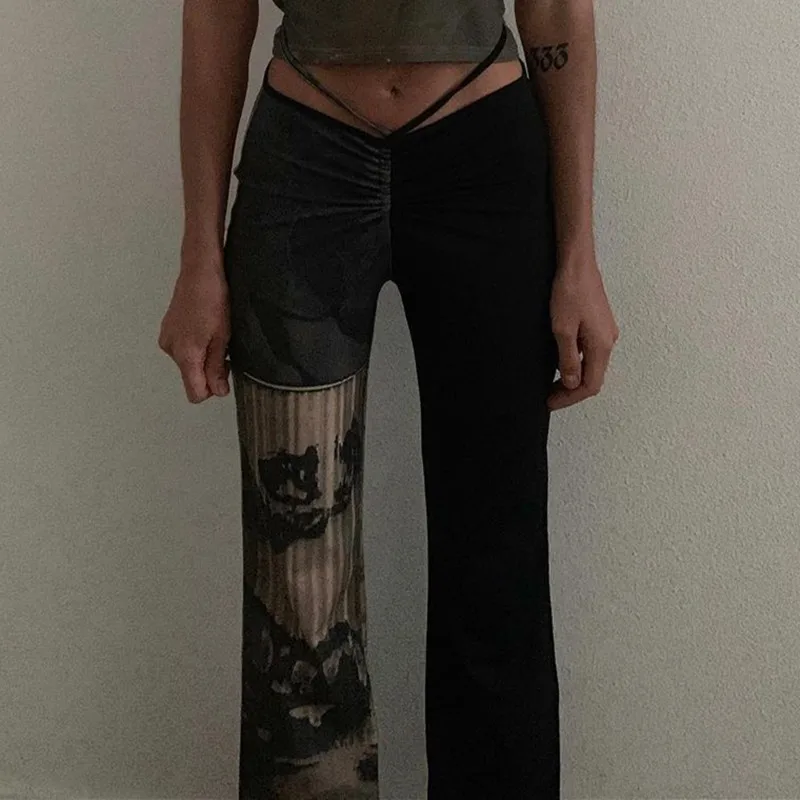 

Женские брюки в готическом стиле Y2k, пикантные брюки в стиле панк с поясом на талии и принтом, уличная одежда контрастных цветов