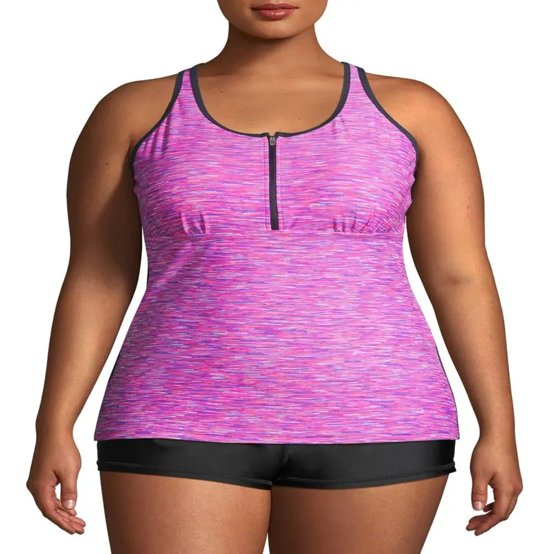 

Plus Size Athletic Zip Front Racer Back Tankini Swimsuit Top