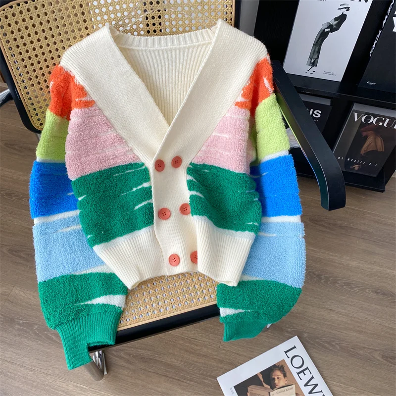 

Женский яркий кардиган в радужную полоску, трикотажный свитер с V-образным вырезом, одежда допамина, Осень-зима 2023