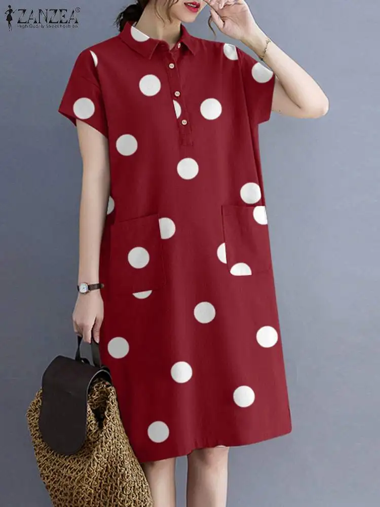 

ZANZEA Summer Short Sleeve Lapel Neck Sundress Casual Holiday Midi Robe Woman Polka Dots Printed Dress Ladies Fashion Vestidos