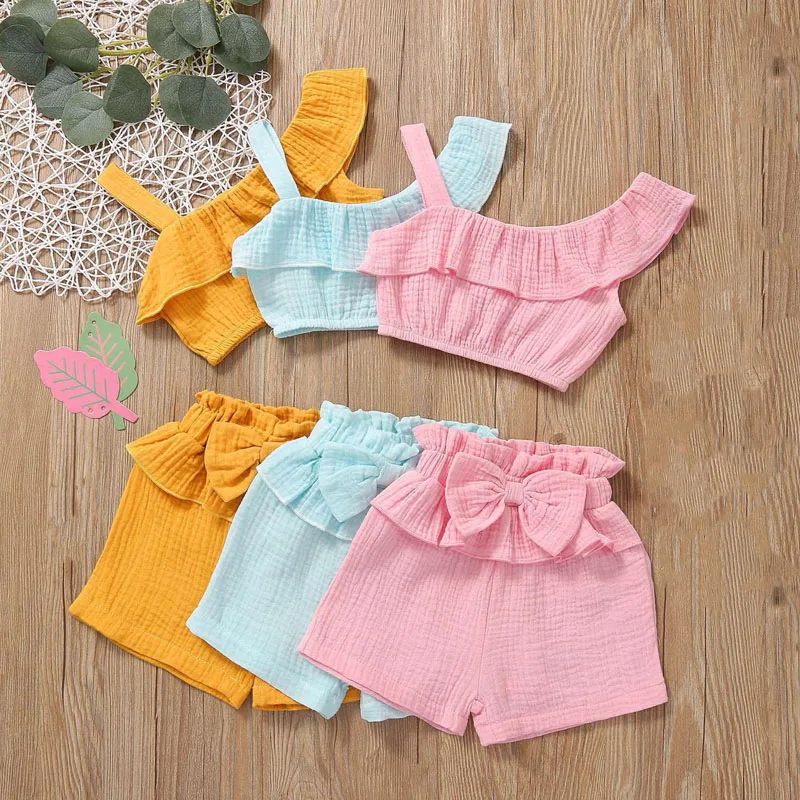 1-4Y Kids Baby Girls Set One Shoulder Ruffles Cropped Tops+Bowknot Shorts Outfits Summer Toddler Clothes 2-Piece Suits Pink Blue
1-4Y Kids Baby Girls Set One Shoulder Ruffles Cropped Tops+Bowknot Shorts Outfits Summer Toddler Clothes 2-Piece Suits Pink Blue