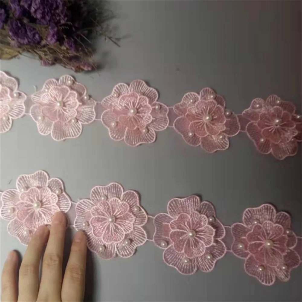 

1 ярд розовые жемчужные вышитые бисером Цветочная кружевная отделка Цветочная аппликация нашивки ткань для шитья винтажное свадебное платье 7,5 см