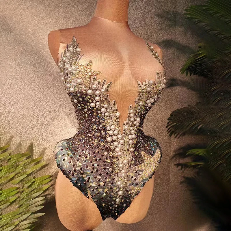 

Sparkly Rhinestone Pearls Bodysuit Women Mesh Stage Dance Leotard Nightclub Dj Ds Party Rave Outfit Drag Queen Costumes XS5733