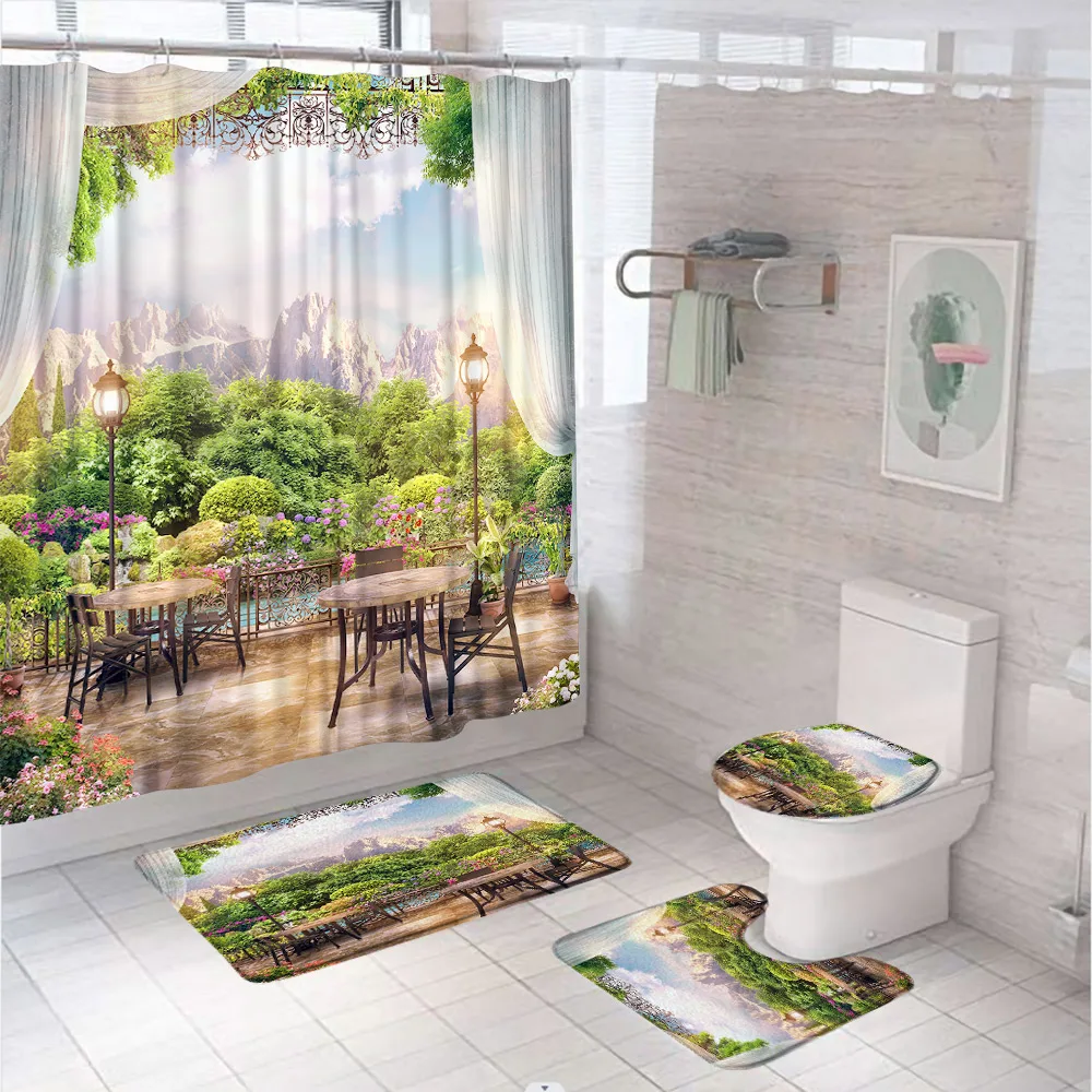 

Natural Scenery Mountain Forest Shower Curtain Set Flower Balcony Bathroom Curtains Non-Slip Bath Mat Pedestal Rug Toilet Covers