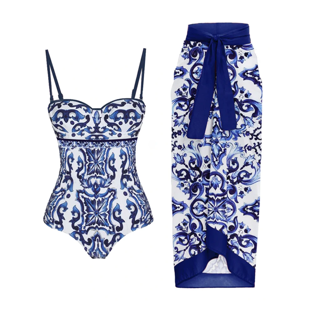 

Новый синий бикини с принтом модный цельный купальник и накидка с юбкой облегающий женский бандажный Летний Пляжный роскошный элегантный
