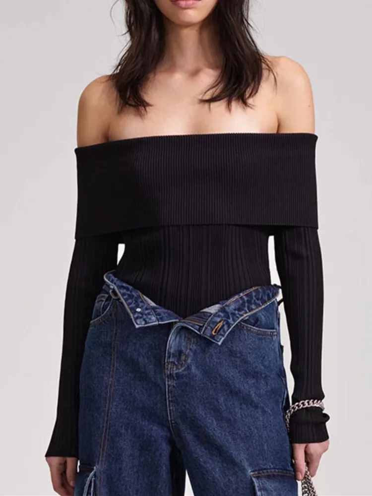 

Slash Neck Women Temperament Knit Sweater Slim Fit Black Off-shouder 2023 New Backless Female Long Sleeve Jumper