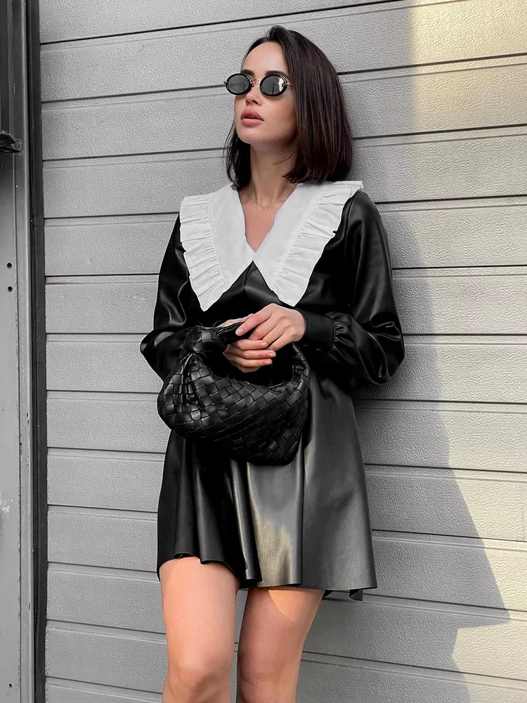 Mnealways18 Patchwork Women Leather Dress With Peter Pan Collar High Waist Autumn Winter Dress Elegant Ladies Black Dress Frill 
Mnealways18 Patchwork Women Leather Dress With Peter Pan Collar High Waist Autumn Winter Dress Elegant Ladies Black Dress Frill
