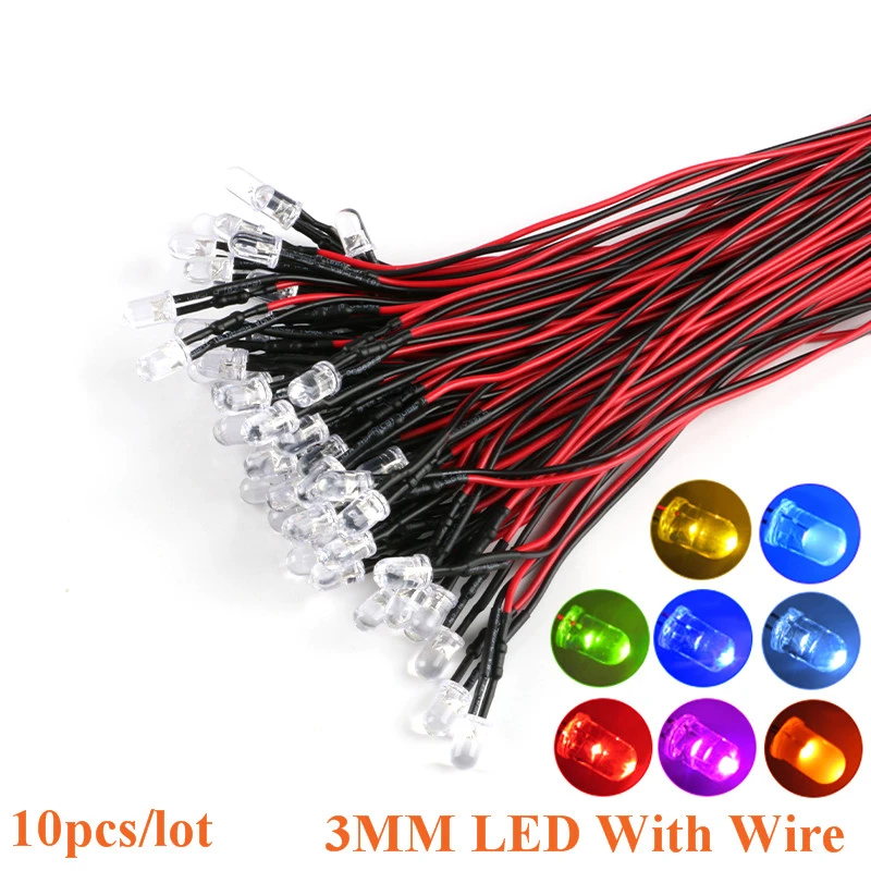 

10PCS 3mm F3 LED 20cm Pre-wired White Red Green Blue Yellow UV RGB Diode Lamp Decoration Light Emitting Diodes DIY Pre-soldered