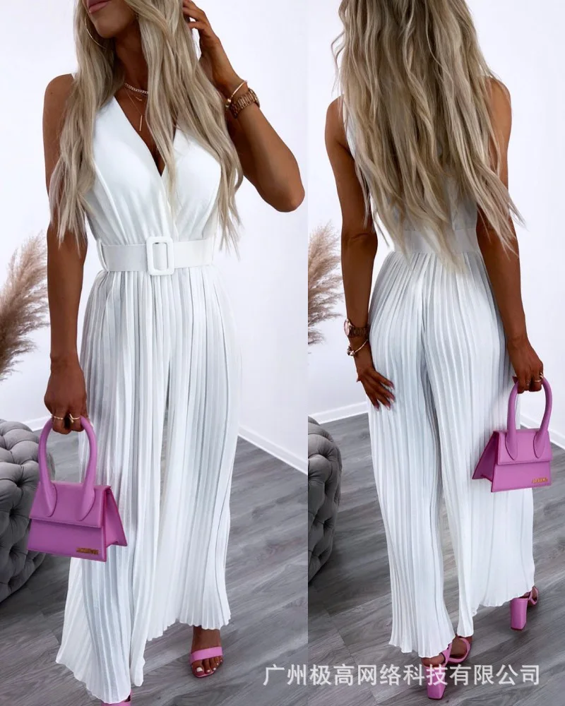 Женский плиссированный комбинезон без рукавов, однотонный Свободный комбинезон с V-образным вырезом и широкими штанинами, лето
Женский плиссированный комбинезон без рукавов, однотонный Свободный комбинезон с V-образным вырезом и широкими штанинами, лето