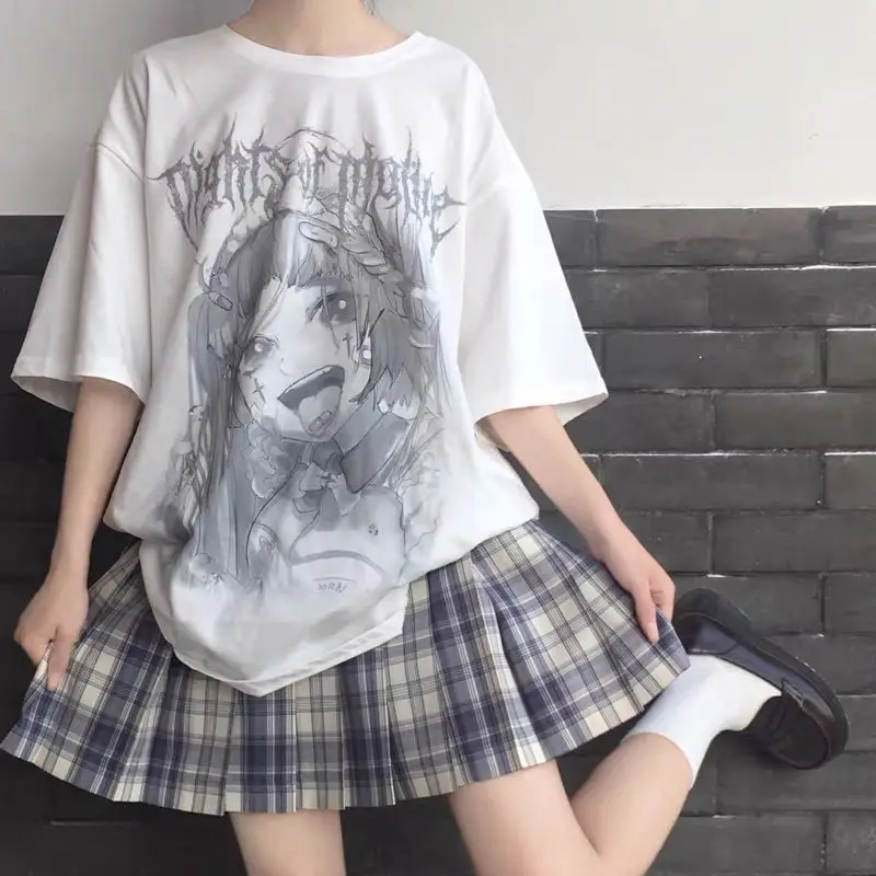 

Harajuku style cartoon cute Rabbit Devil letters print White T-shirt women 2022 Summer tee girl tops Goth Kawaii Women Tops