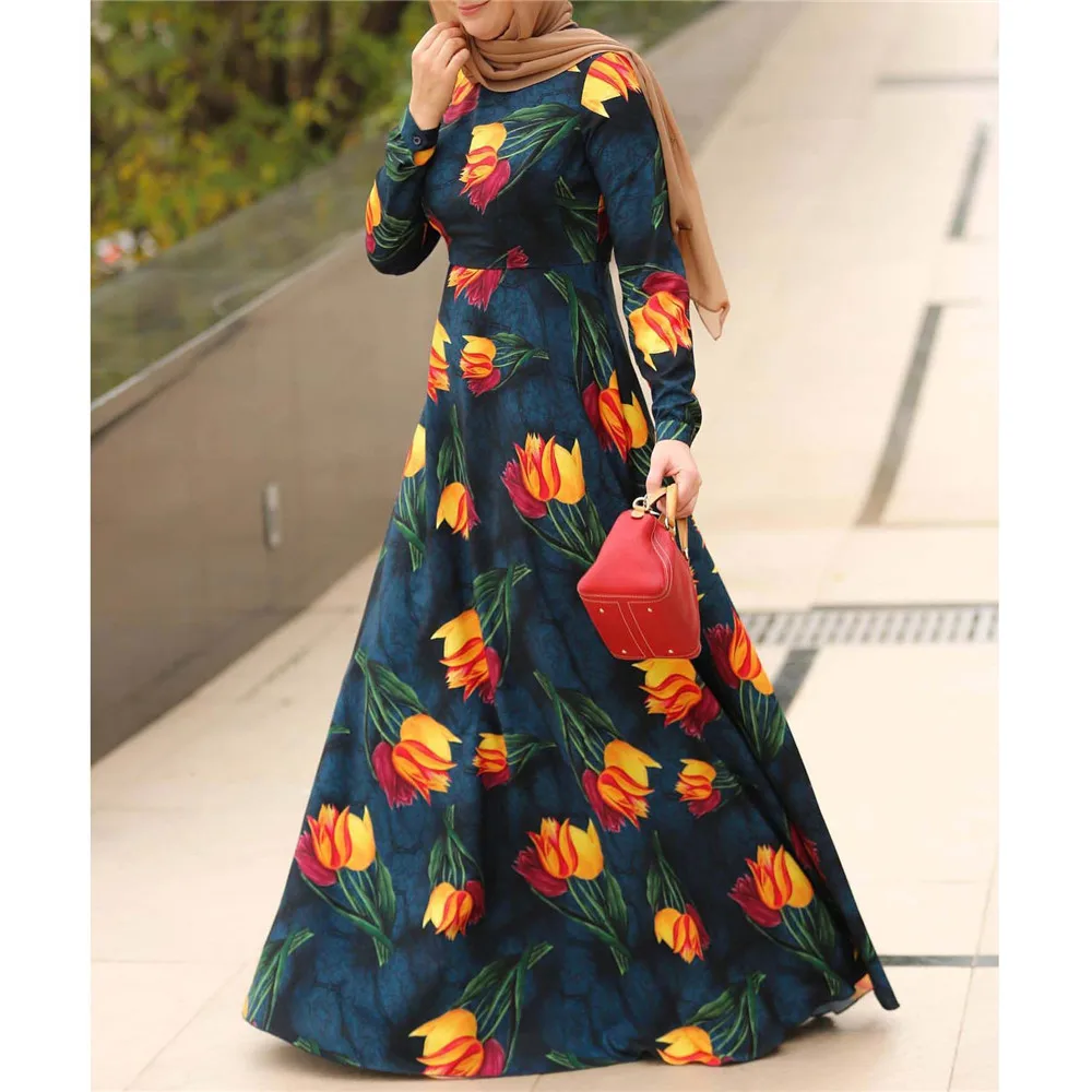 

Women Floral Print Long Maxi Dress Vintage Dubai Turkey Kaftan Muslim Abaya Islamic Clothing Eid Ramadan Caftan Robe Arab Jilbab