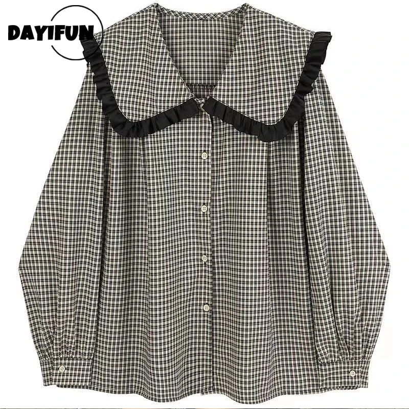 

DAYIFUN Plus Size Blouses Women Doll Collar Long-sleeved Plaid Shirts Spring Autumn Oversized Female Loose Tops Shirt 150KG