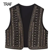 TRAF Embroidered Cropped Vest Women Vests Autumn Rhinestones Sleeveless V-Neck Vest Korea Style Top Luxury Designer Vest Women