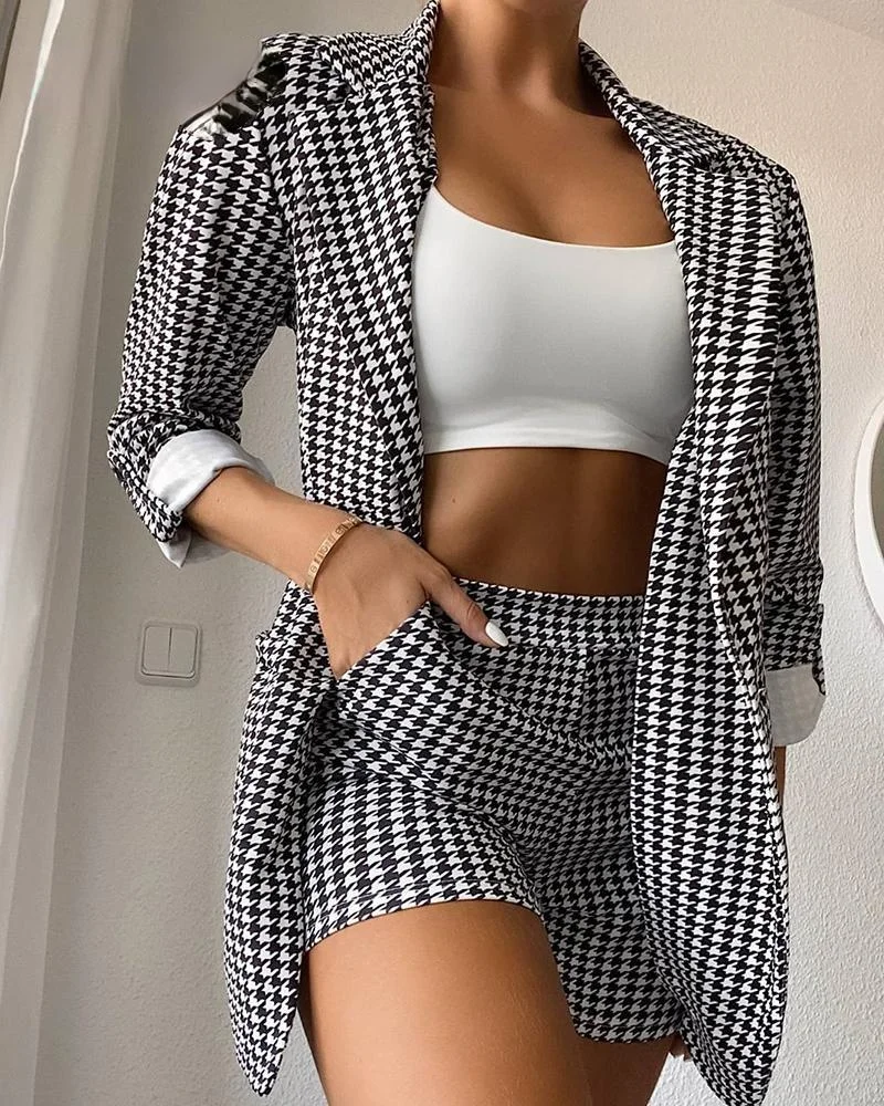 Female Outfits Houndstooth Women Sets Autumn Outwear High Waist Short Pants Long Sleeve Jacket Shorts Sets 2 Piece Sets
Female Outfits Houndstooth Women Sets Autumn Outwear High Waist Short Pants Long Sleeve Jacket Shorts Sets 2 Piece Sets