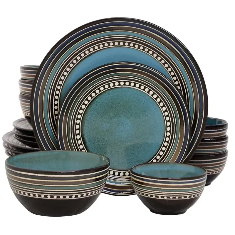 

Cafe Versailles 16 Pieces Double Bowl Dinnerware Set-Blue Health and Safety Tableware