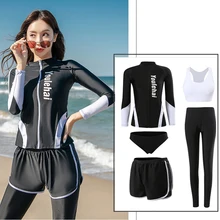 Womens 5pcs/set Long Sleeve Sun Protection Rash Guard Wetsuit Swimsuit Tops & Bottoms Swim Surf Zip Up Shirt Tights Bikini