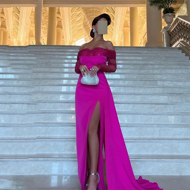 Sexy Sweetheart Red Prom Dresses Formal Evening Dress Long Sleeves High Split Court Train Satin Party Color robes de soirée
Sexy Sweetheart Red Prom Dresses Formal Evening Dress Long Sleeves High Split Court Train Satin Party Color robes de soirée