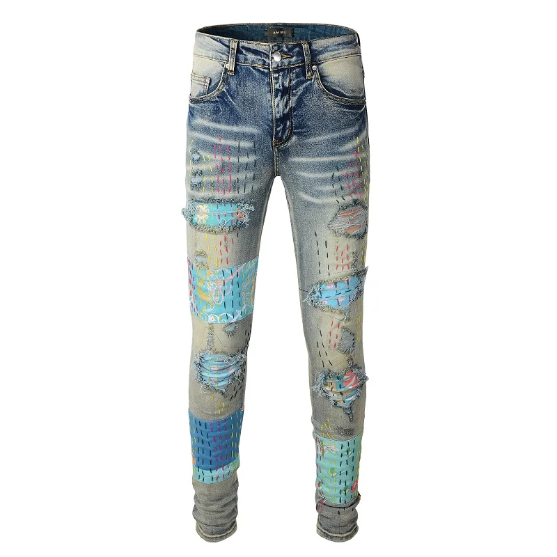 

Мужские потертые синие зауженные модные стильные обтягивающие Бандана Лоскутные скидки джинсы брюки рекламные джинсы