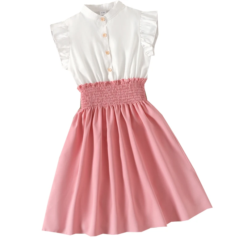 

Girl dress Summer Clothes Kid Girl Button Design Smocked Splice Ruffled Flutter-sleeve Dress