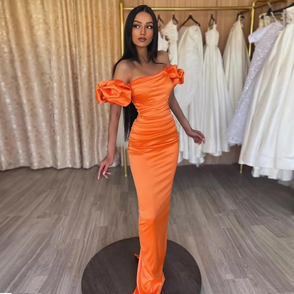 2022 Prom Dress Satin Off Shoulder Orange Mermaid Evening Dress Long Pleat Puff Sleeves Simple Formal Party Gowns for Women
2022 Prom Dress Satin Off Shoulder Orange Mermaid Evening Dress Long Pleat Puff Sleeves Simple Formal Party Gowns for Women
