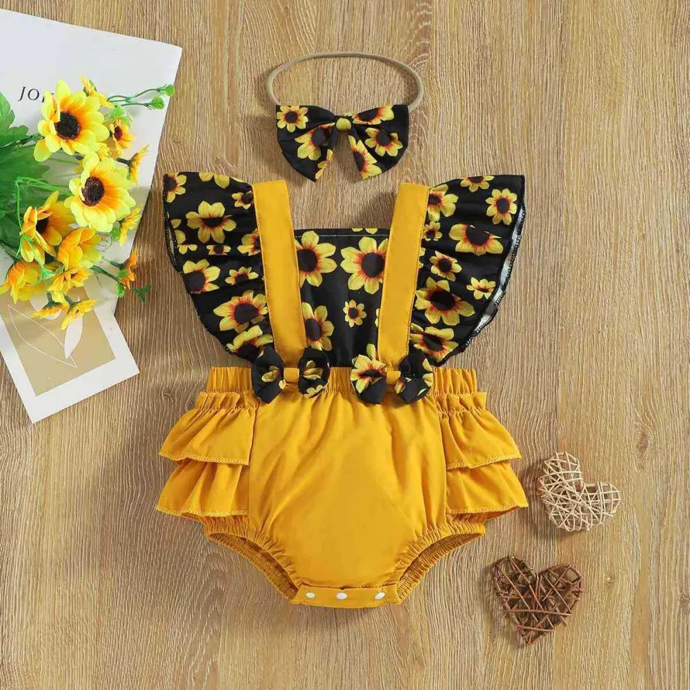 Одежда для новорожденных девочек, комплект из двух предметов, летняя Милая одежда с оборками в виде подсолнуха, комбинезон с бантом для детей 0-18 месяцев, одежда для малышей 
Одежда для новорожденных девочек, комплект из двух предметов, летняя Милая одежда с оборками в виде подсолнуха, комбинезон с бантом для детей 0-18 месяцев, одежда для малышей