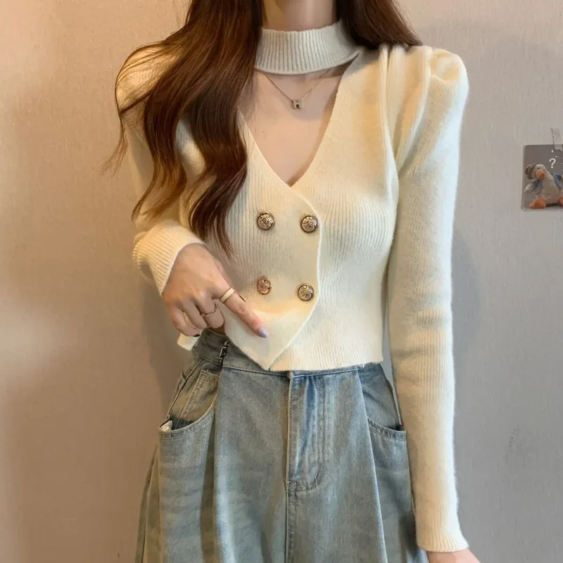 Women Halter V Neck Short Knit Cardigan 2023 New Double Breasted Slim Tops French Puff Sleeve Hot Girl Sweater
Women Halter V Neck Short Knit Cardigan 2023 New Double Breasted Slim Tops French Puff Sleeve Hot Girl Sweater