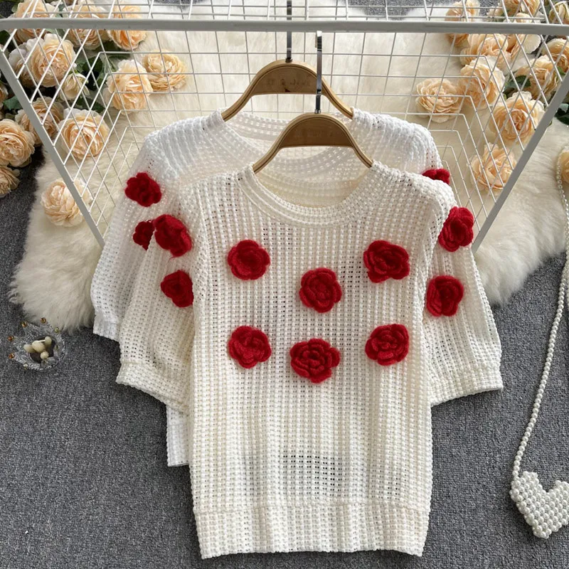 Women's summer 2022 new Sweet three-dimensional flower knitting hollow out design loose versatile short sleeves top
Women's summer 2022 new Sweet three-dimensional flower knitting hollow out design loose versatile short sleeves top