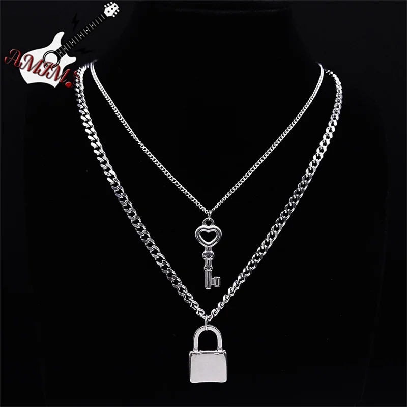 Punk Cuban Chain Necklace Silver Color Stainless Steel Lock Key Pendant Necklaces Jewelry collier acier inoxydable femme NO16S06
Punk Cuban Chain Necklace Silver Color Stainless Steel Lock Key Pendant Necklaces Jewelry collier acier inoxydable femme NO16S06