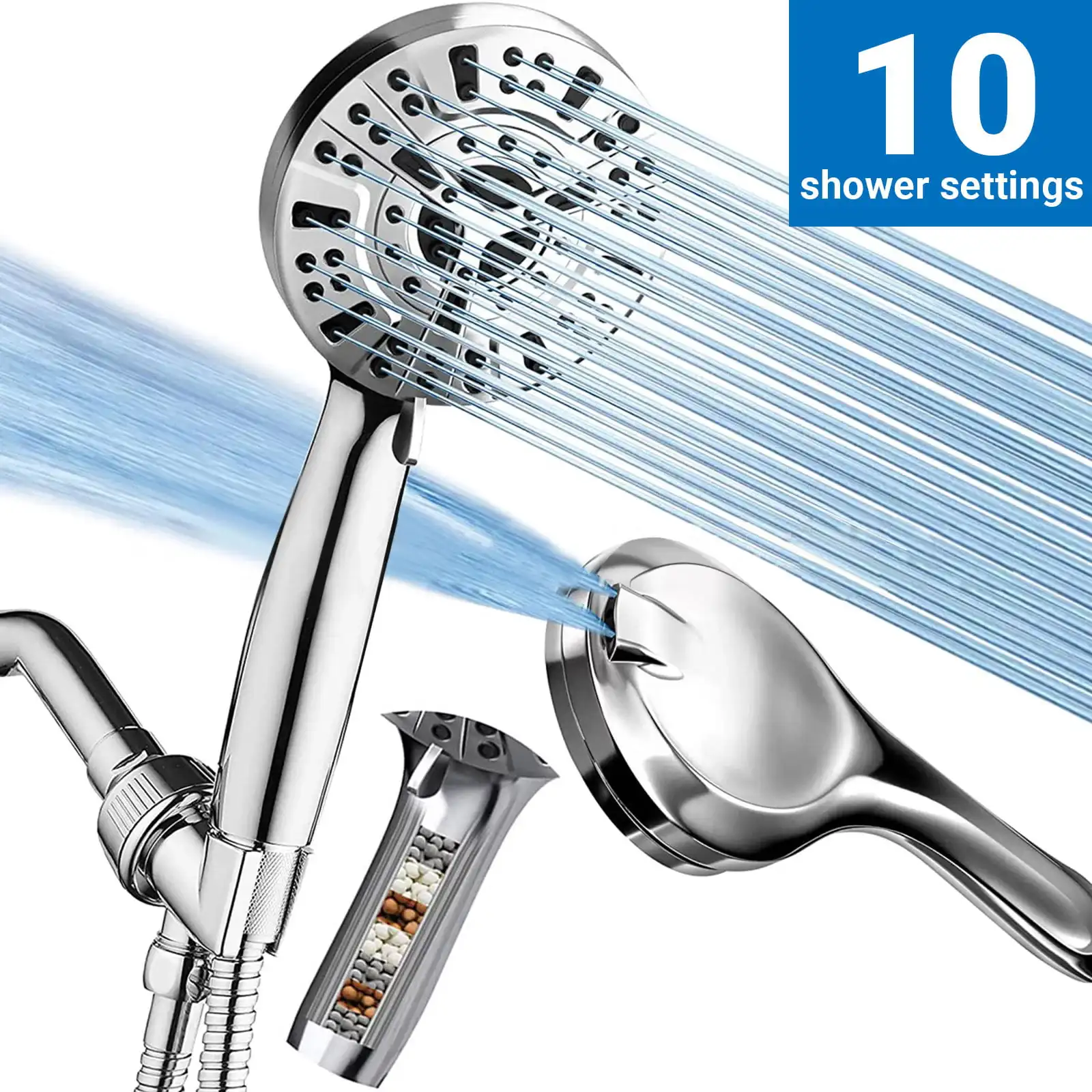Handheld Shower Head Filter with 10 Spray Modes & 2 Power Jet, High Pressure Shower Head with Hose and Bracket, Bulit in Pause K
Handheld Shower Head Filter with 10 Spray Modes & 2 Power Jet, High Pressure Shower Head with Hose and Bracket, Bulit in Pause K