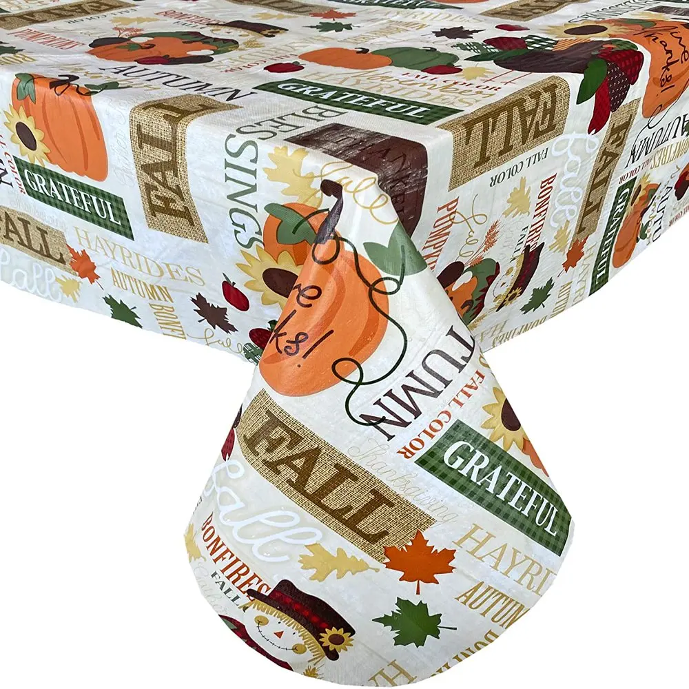 

Fall Hayride and Happy Scarecrow Thanksgiving Vinyl Flannel Backed Tablecloth, Gingham Turkey Rustic Autumn Easy Care Tablecloth