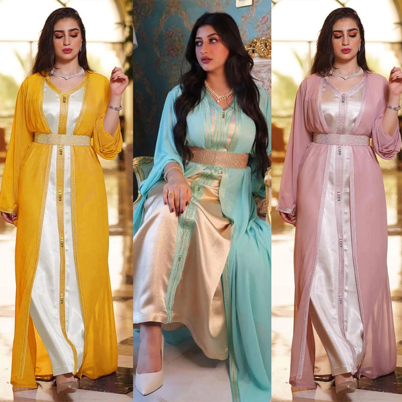 Muslim Women Two Pieces Abaya Set Satin Vest Long Dress with Chiffon Kimono Eid Mubarak Moroccan Caftan Arabic Oman Dubai Outfit
Muslim Women Two Pieces Abaya Set Satin Vest Long Dress with Chiffon Kimono Eid Mubarak Moroccan Caftan Arabic Oman Dubai Outfit