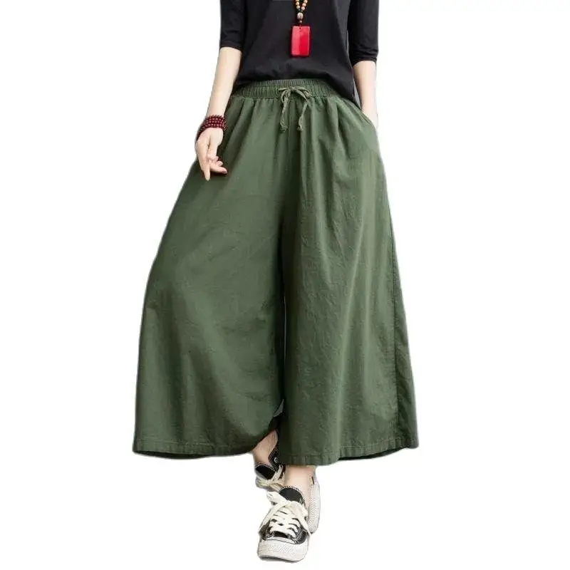 

Cotton Linen Casual Wide-Leg Pants Women's Eight-Point Culottes 2022 Summer New Loose High-Waisted Big-Leg Pants Female Hakama