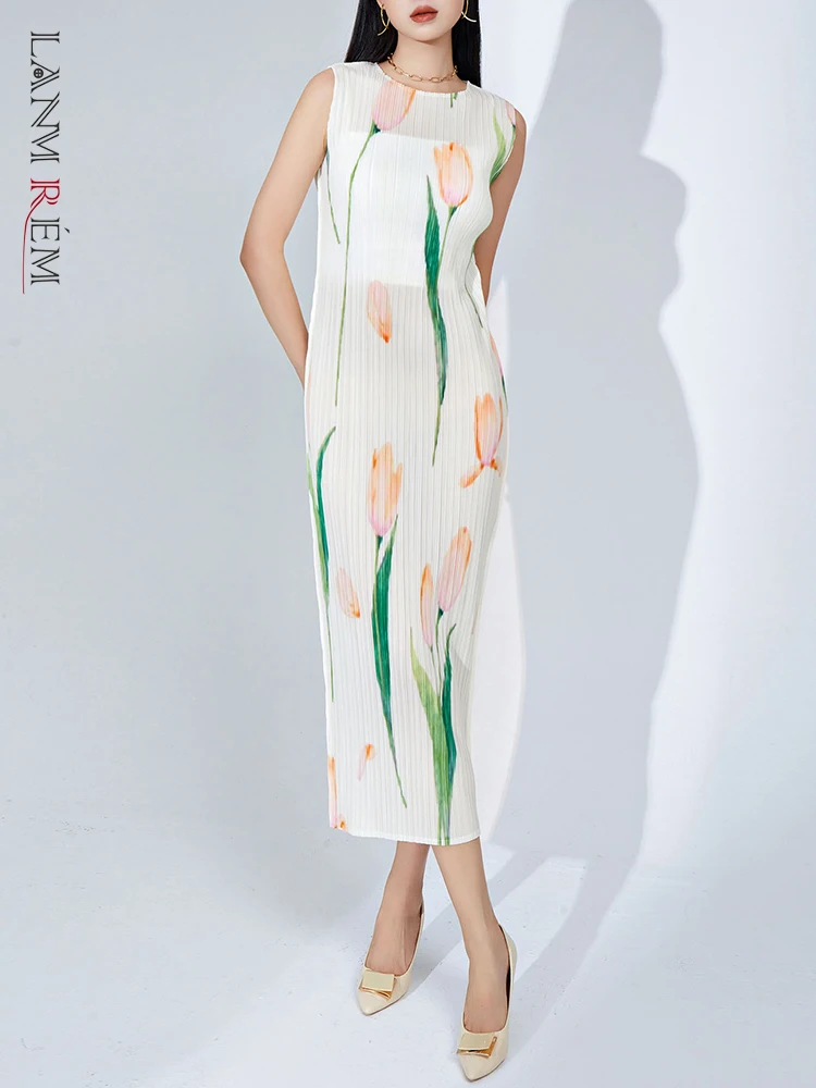 

LANMREM элегантное плиссированное платье с цветочным принтом для женщин, с круглым вырезом, без рукавов, облегающие платья высокого класса, повседневные, новинка 2023, 2YA3503