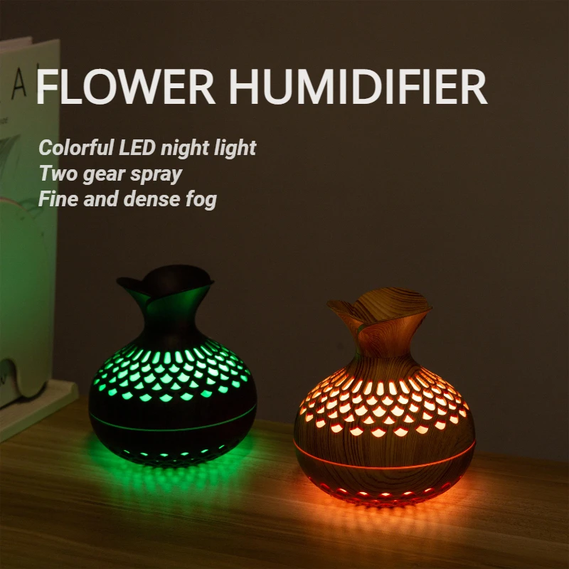 

300ML Wood Grain Humidifier Home Aroma Diffuser Atomizer Vase Shape Mute Air Ultrasonic Purifier Humidifier with 7 Color Light