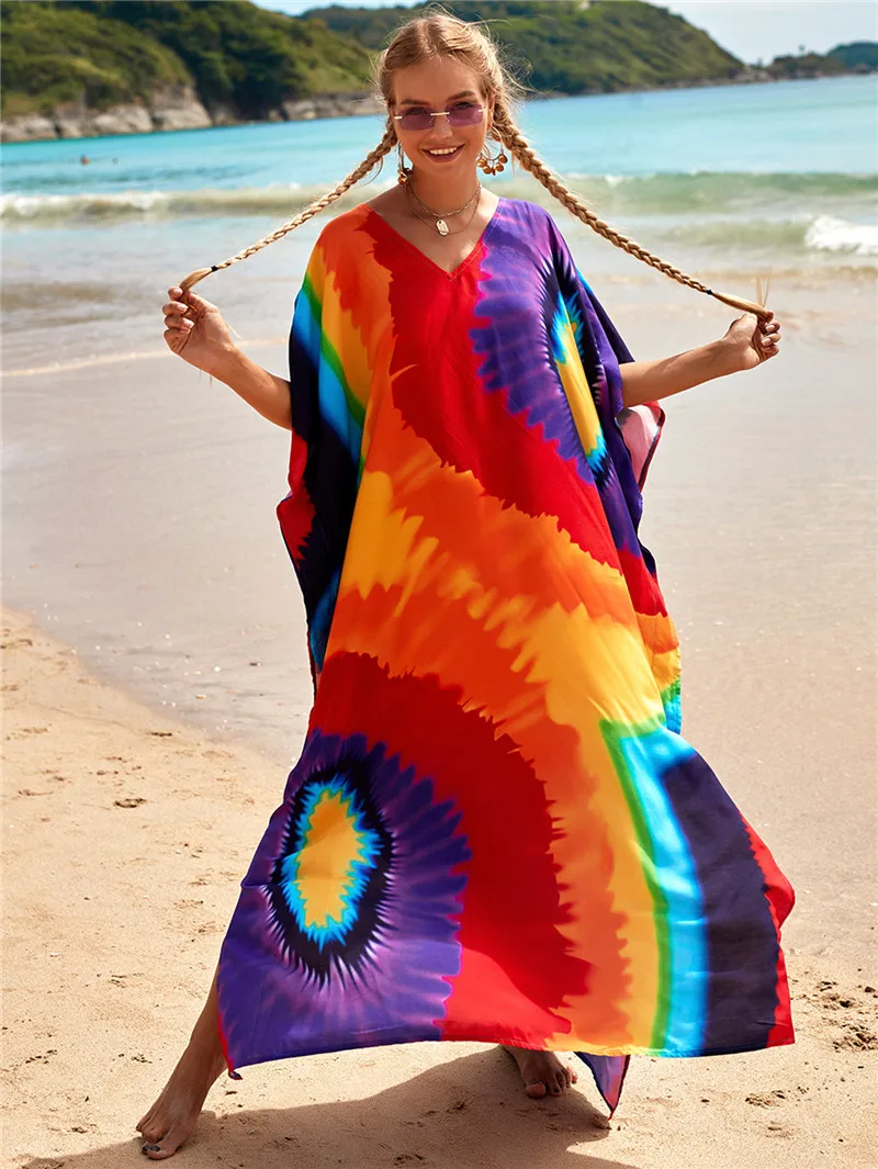 

Multicolored Kaftan Bohemian Printed V-neck Batwing Sleeve Maxi Dress Women Beachwear Half Sleeve Maxi Dress Robe