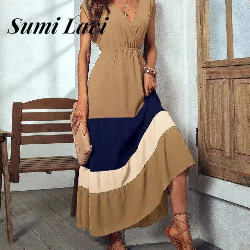 Elegant Ladies Contrast Color Splicing Long Dress Summer V Neck Short Sleeve Big Hem Dress Fashion Gentle Women Waisted Dresses
Elegant Ladies Contrast Color Splicing Long Dress Summer V Neck Short Sleeve Big Hem Dress Fashion Gentle Women Waisted Dresses