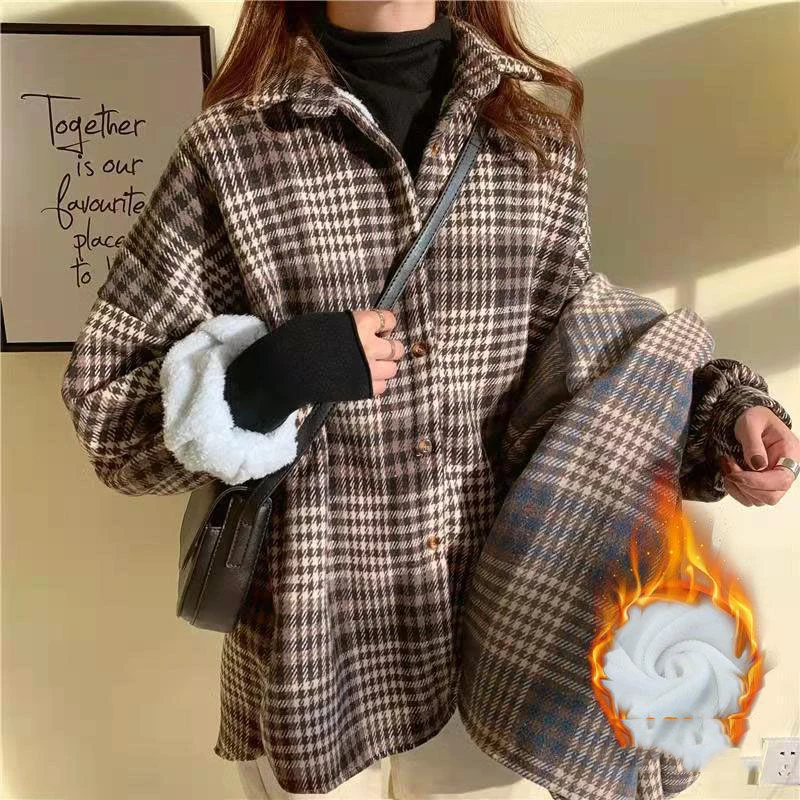 

Women's Thickened Plaid Printed Shirt Brushed Blouse Coat Female Warm Shirt Jackets Outercoats Casual Long Sleeve Outwear Tops