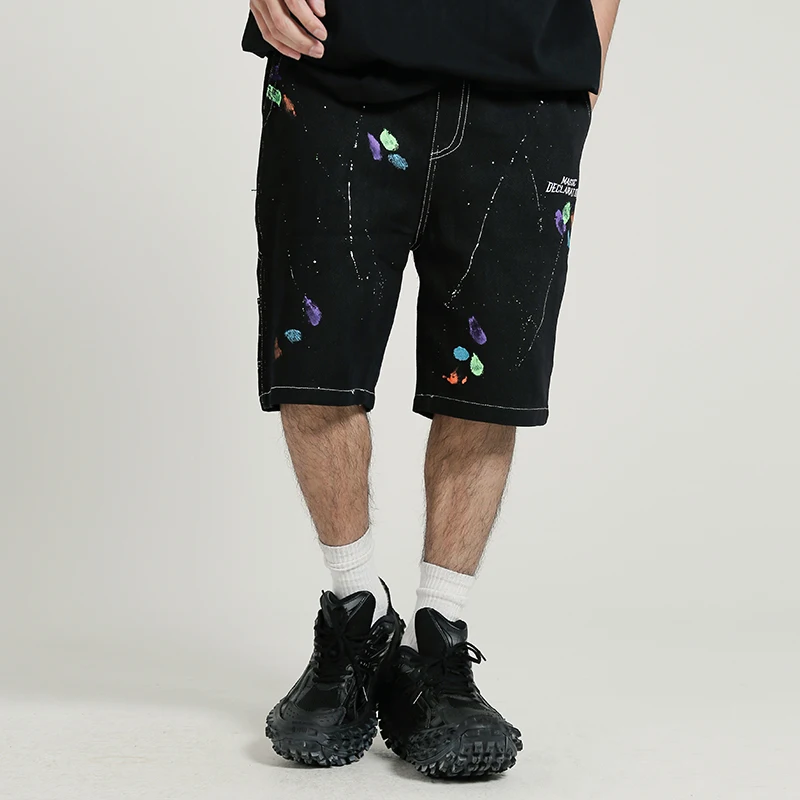 

Ink Splash Pockets Drawstring Mens Cargo Shorts Letter Print Hip Hop Spliced Streetwear Casual Summer Knee Length Pants