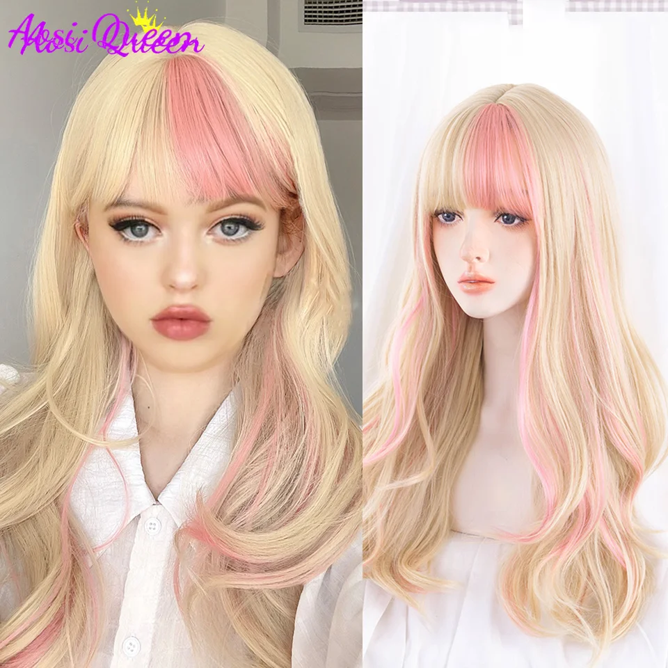 

Long Wavy Hair Blonde Highlight Pink Synthetic Lolita Wigs With Bangs For Women Fashion Female Cosplay Party Wigs