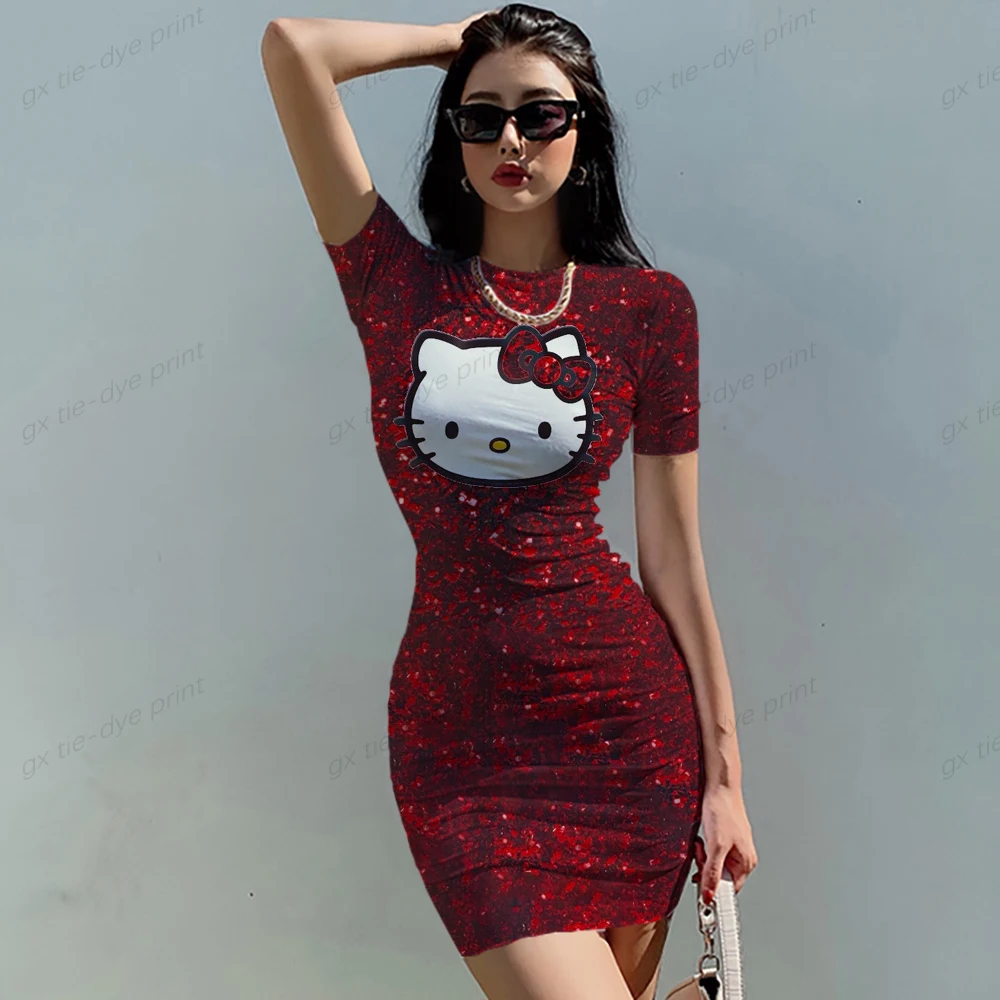 

Sexy women's buttocks wrapped short sleeved dress, sleeveless round neck nightclub outfit, Hello Kitty printed body, tight fitti