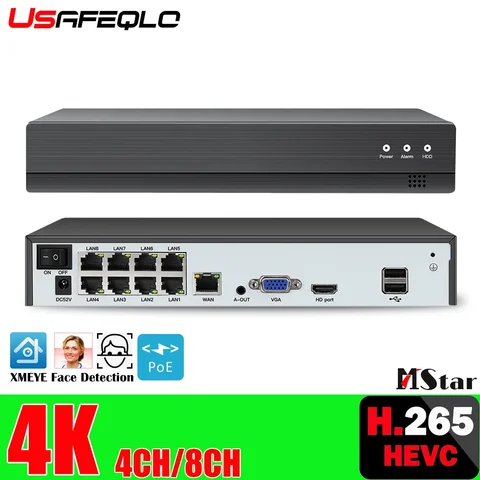 Сетевой видеорегистратор H.265, устройство обнаружения лиц, 8 каналов * 4K, 4 канала/8 каналов, PoE, для IP-камер HD, 8 Мп, 5 Мп