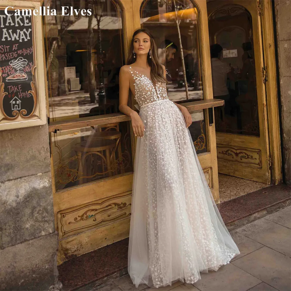 Sexy V Neck Lace Beach Wedding Dress For Women Boho Bride Dresses Illusion Bow Back A-Line Tulle Wedding Gown vestidos de novia
Sexy V Neck Lace Beach Wedding Dress For Women Boho Bride Dresses Illusion Bow Back A-Line Tulle Wedding Gown vestidos de novia